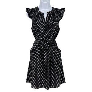 Monteau Polka Dot Sleeveless A-Line Ruffle Trim Dress Black White Size Small